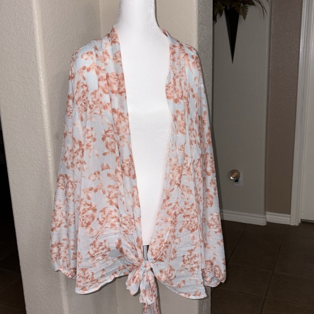 Entro orange, silver metallic & baby blue floral sheer kimono top coverup Size M